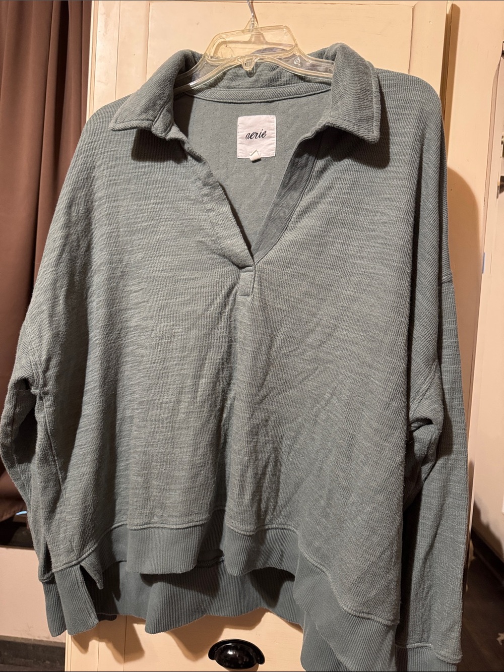 aerie Sage Green V-Neck Collared Sweater